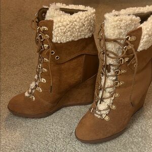 JustFab Brown Lace Up Wedge Boots with Shearling